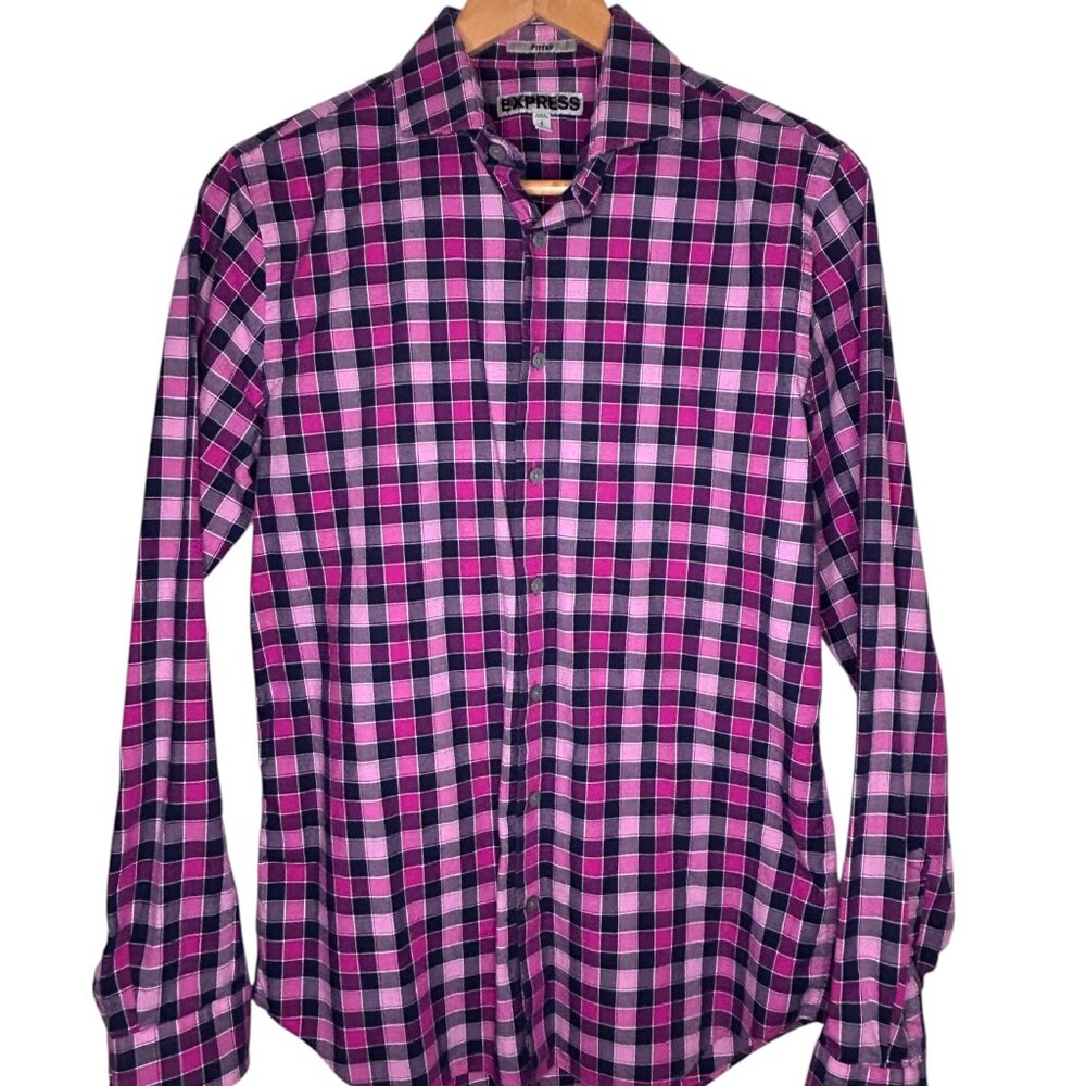 Express Men's Fitted Dress Shirt - Small - Pink & Navy Plaid